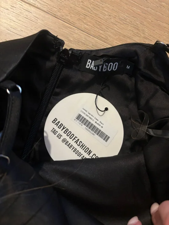 BabyBoo Tate Mini Dress Satin Open Back Babydoll bubble skirt Black Medium NWT - Picture 11 of 11